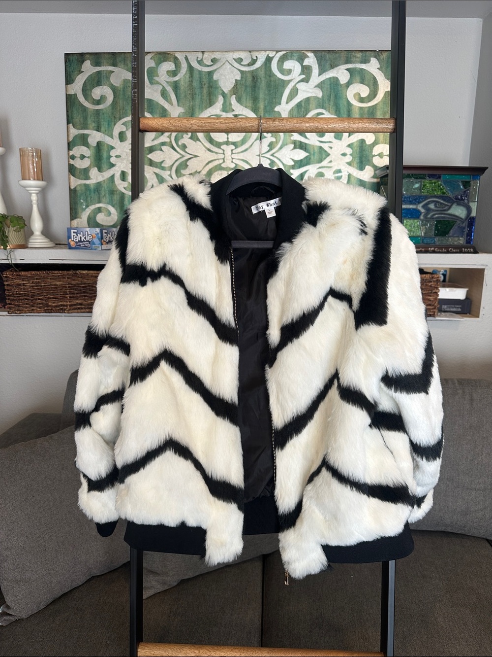 Say What? Black & White Chevron Faux Fur Bomber Jacket